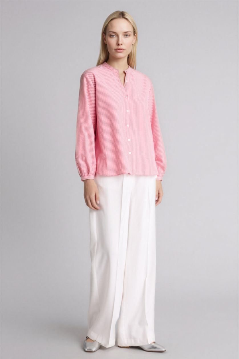 نساء أحمر قميص كم طويل بوبلين قصة عادية بياقة مستديرة