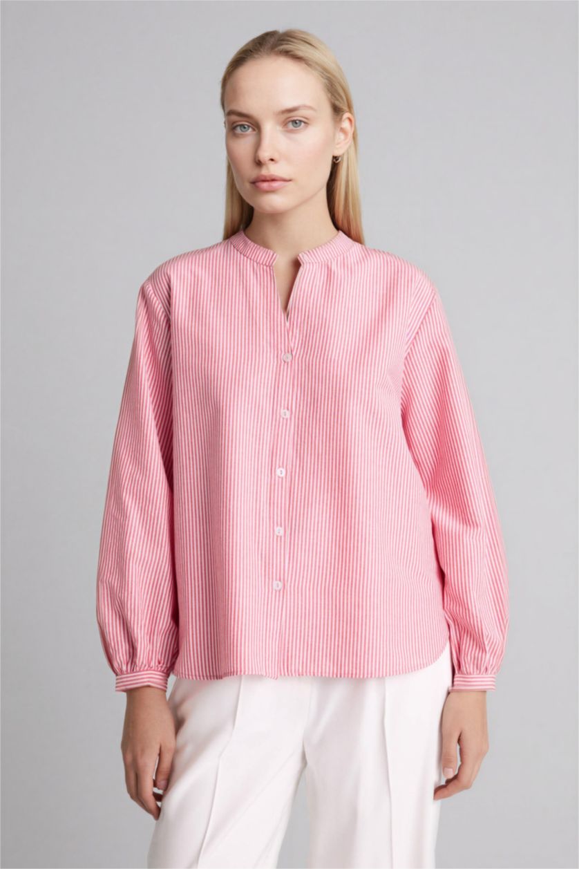 نساء أحمر قميص كم طويل بوبلين قصة عادية بياقة مستديرة