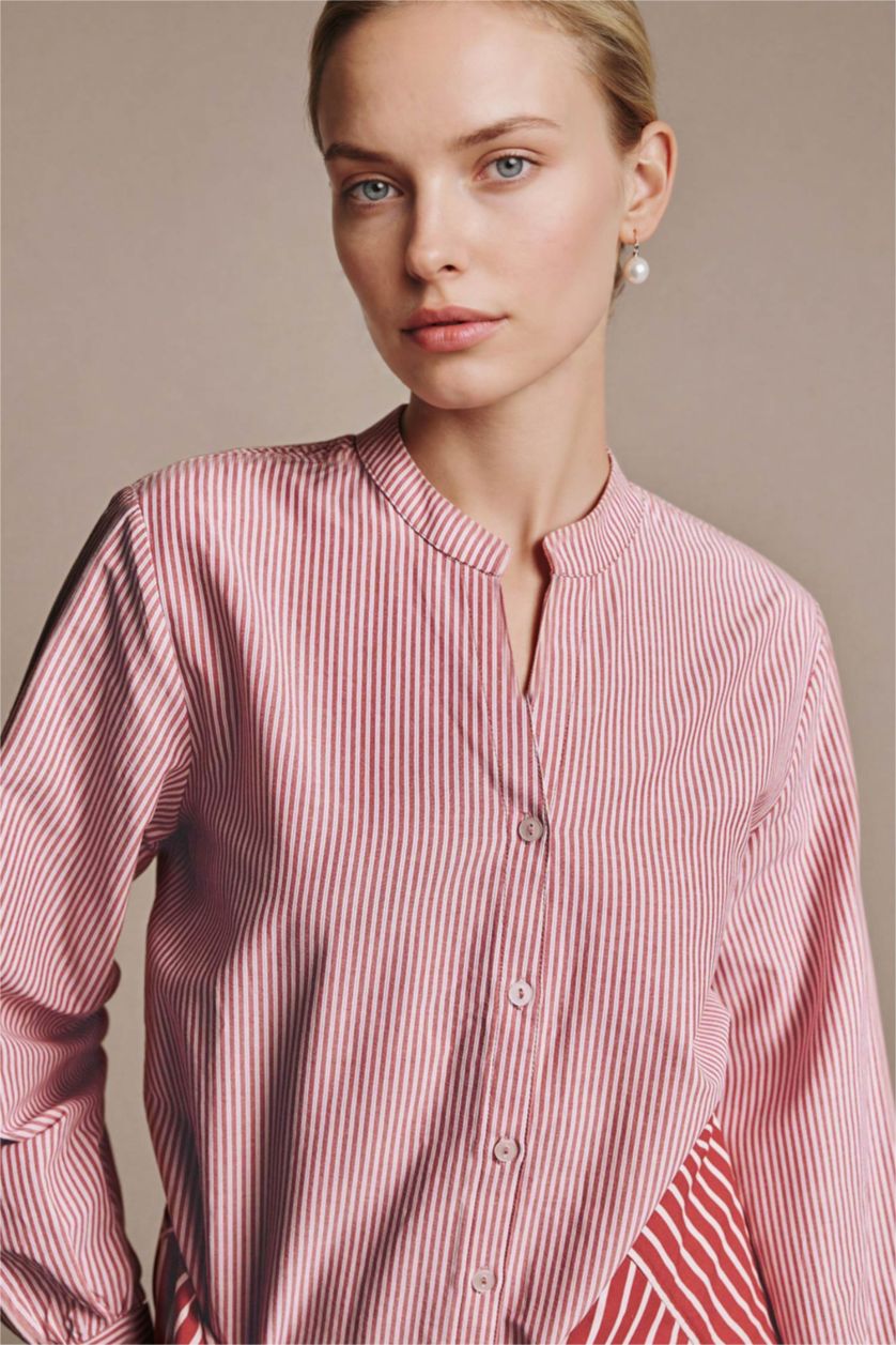 Kadın Kırmızı Regular Fıt Bisiklet Yaka Poplin Uzun Kollu Gömlek