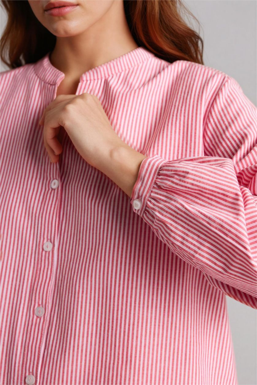 Kadın Kırmızı Regular Fıt Bisiklet Yaka Poplin Uzun Kollu Gömlek