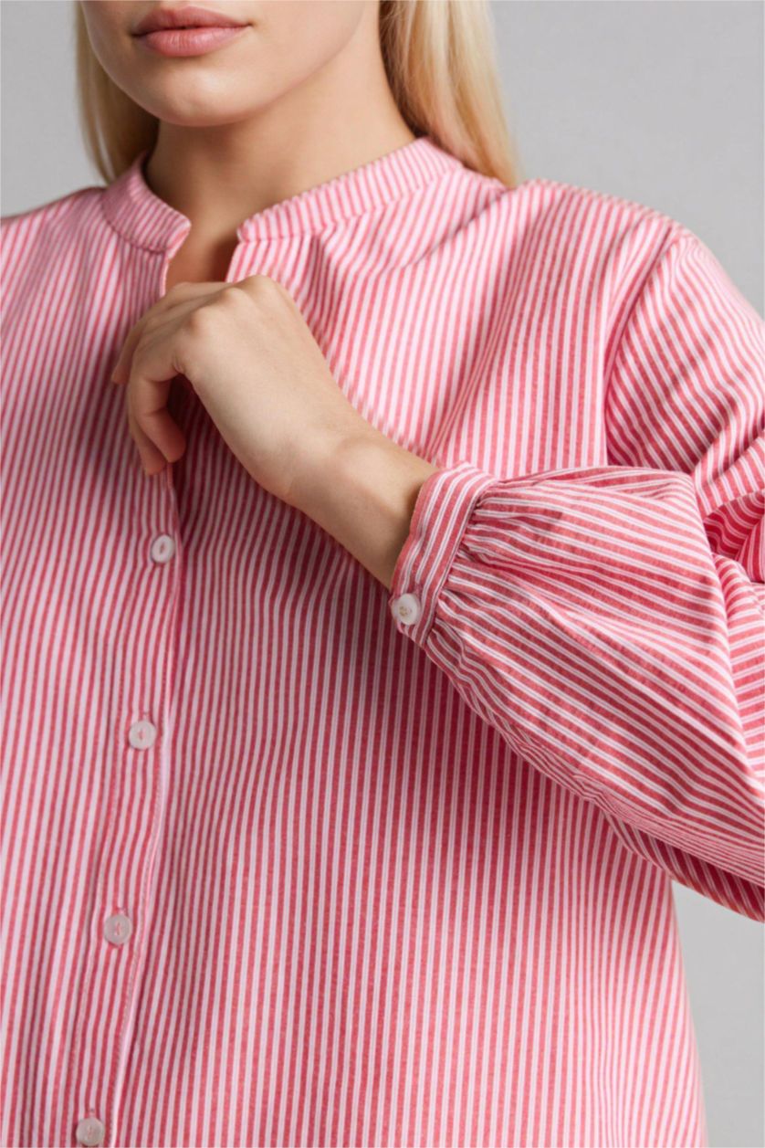 Kadın Kırmızı Regular Fıt Bisiklet Yaka Poplin Uzun Kollu Gömlek