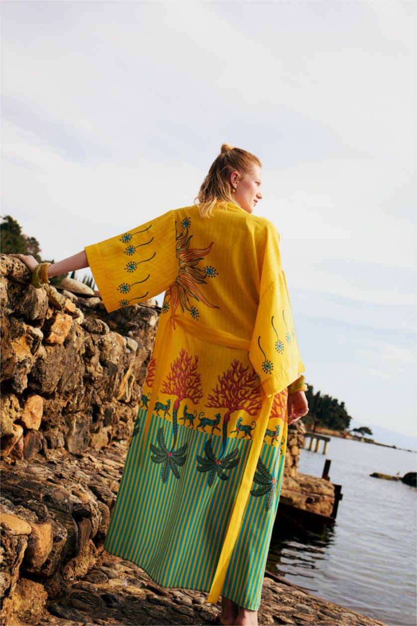 Kadın Sarı Jaquette x DeFacto Desenli Kimono
