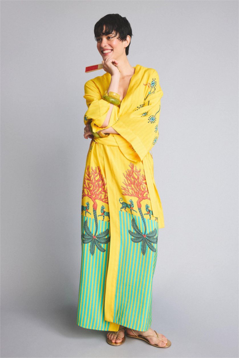 Kadın Sarı Jaquette x DeFacto Desenli Kimono