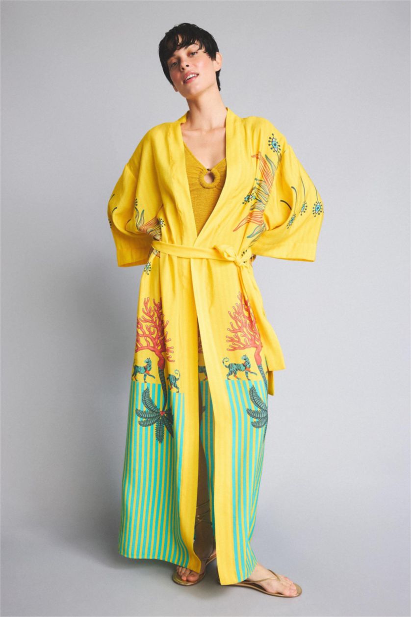 Kadın Sarı Jaquette x DeFacto Desenli Kimono