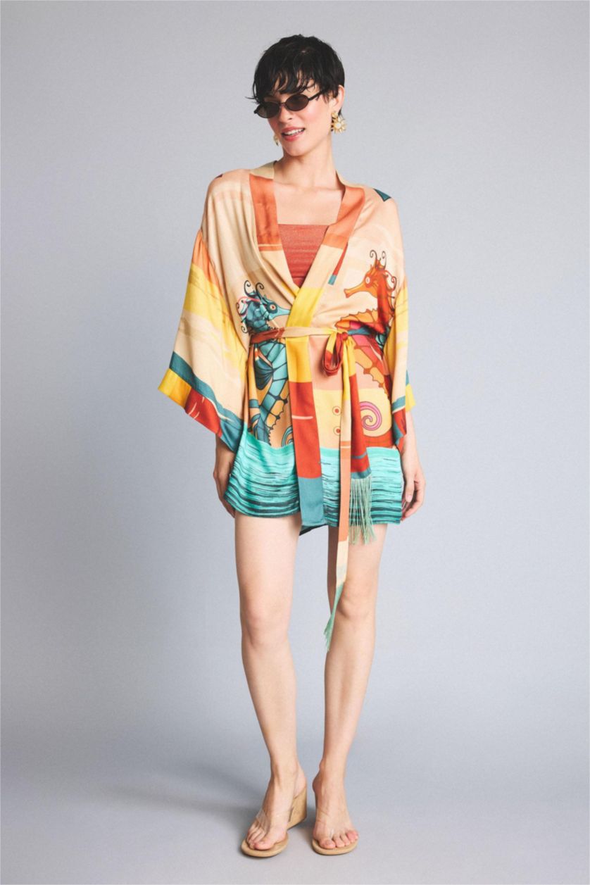 Kadın Bej Jaquette x DeFacto Desenli Kimono