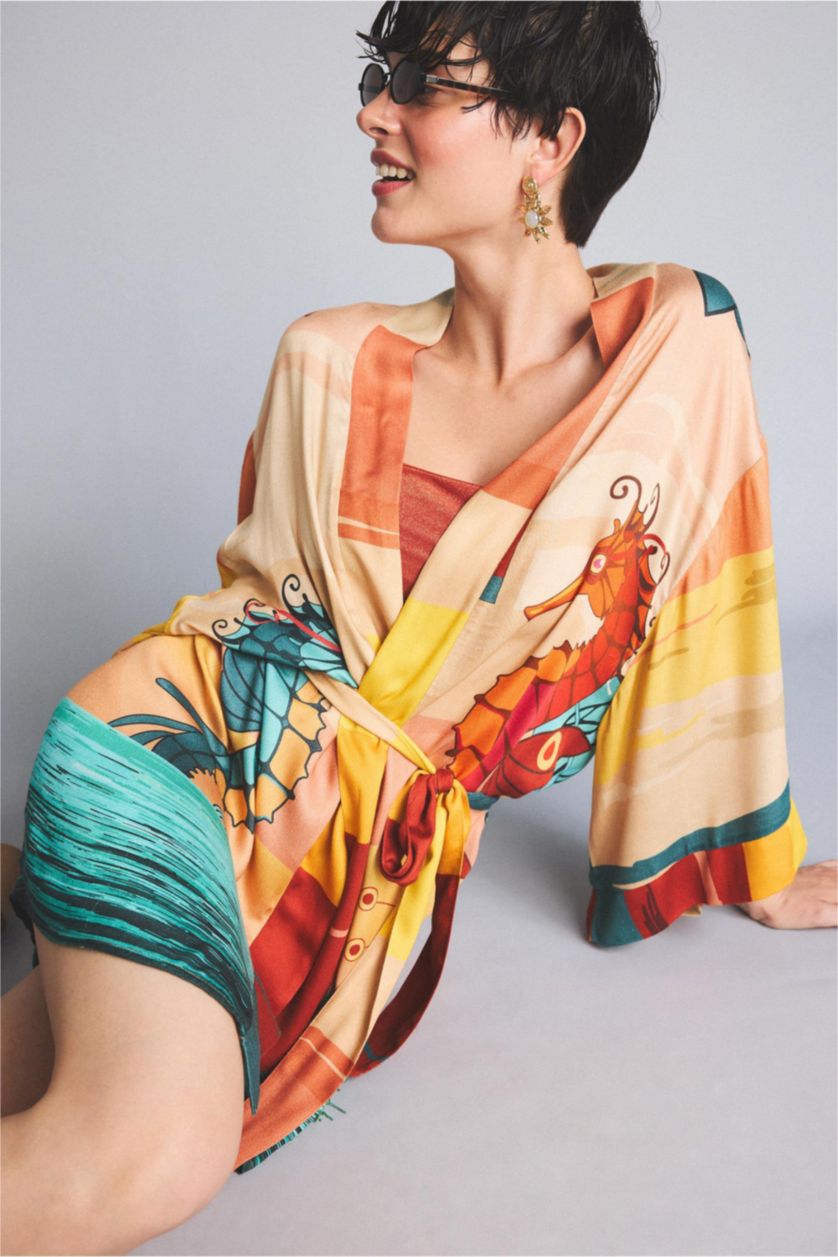 Kadın Bej Jaquette x DeFacto Desenli Kimono