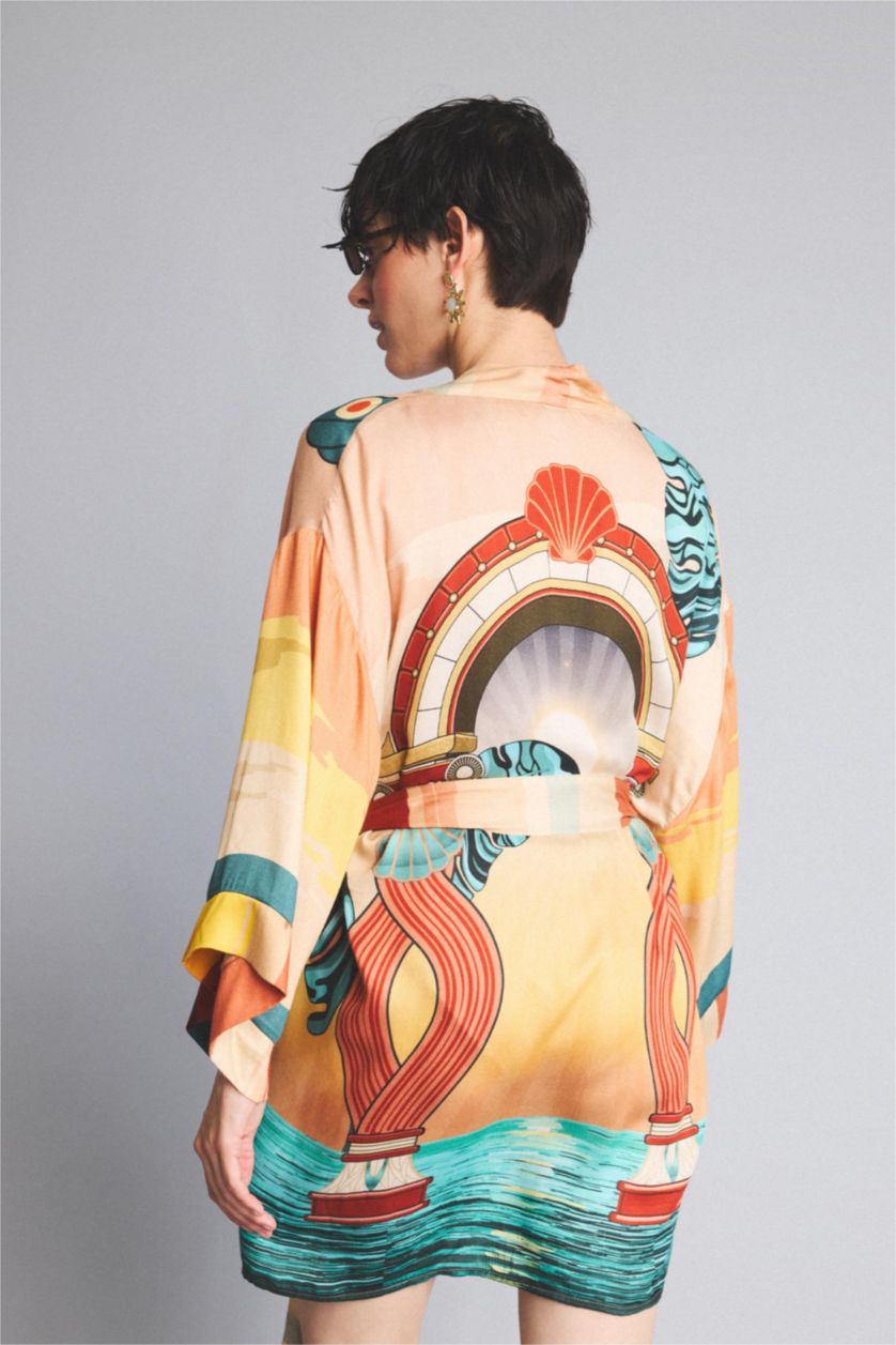 Kadın Bej Jaquette x DeFacto Desenli Kimono