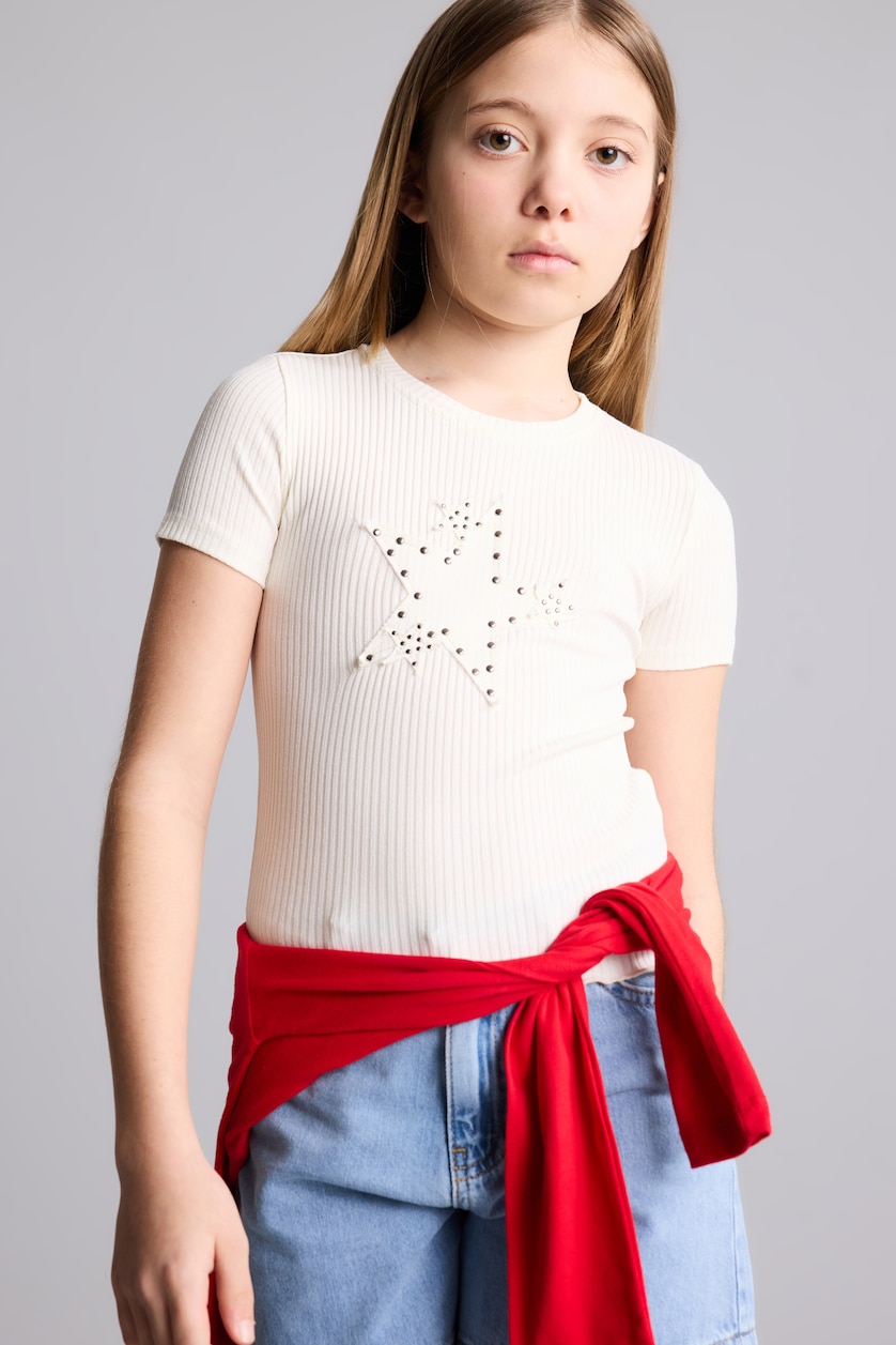 Girls & Teens Ecru تيشيرت بناتي نص ردن مضلع بياخة مستديرة