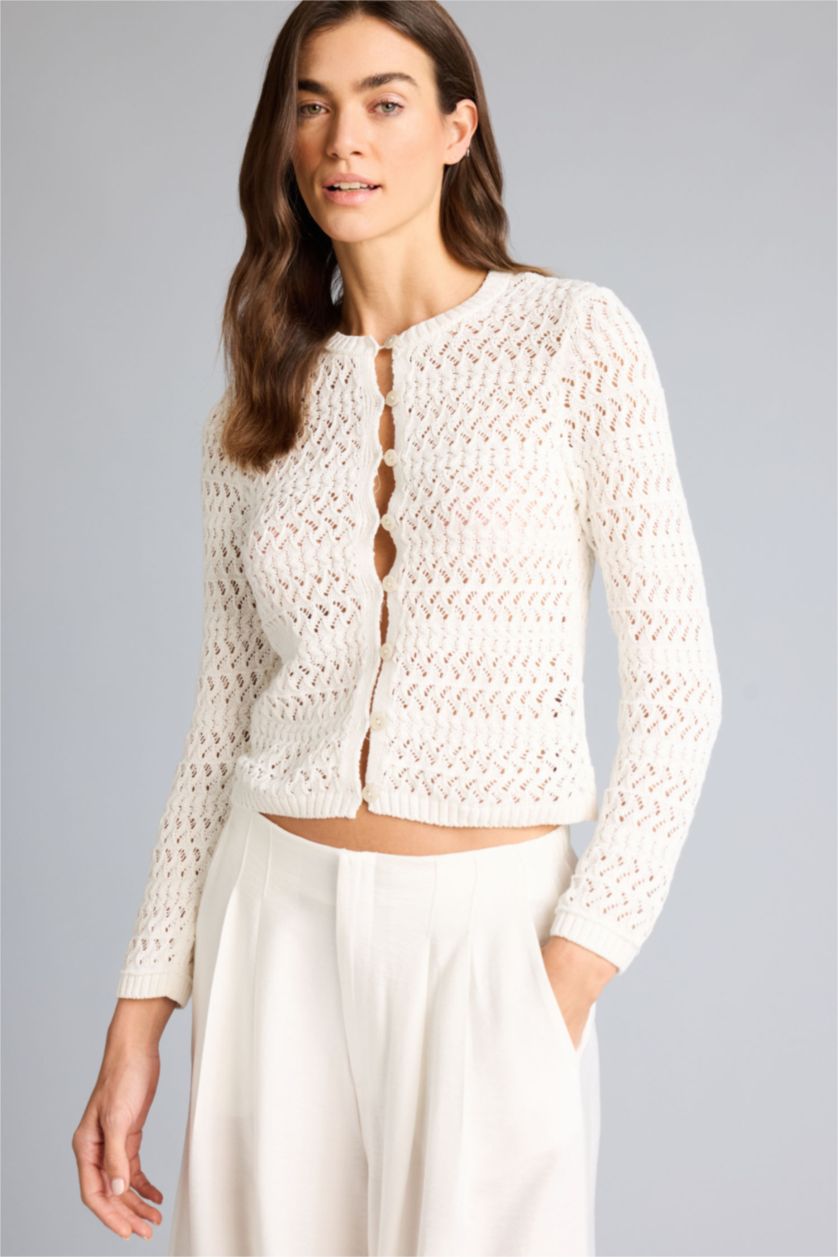 Woman Ecru Regular Fit Crew Neck Cardigan