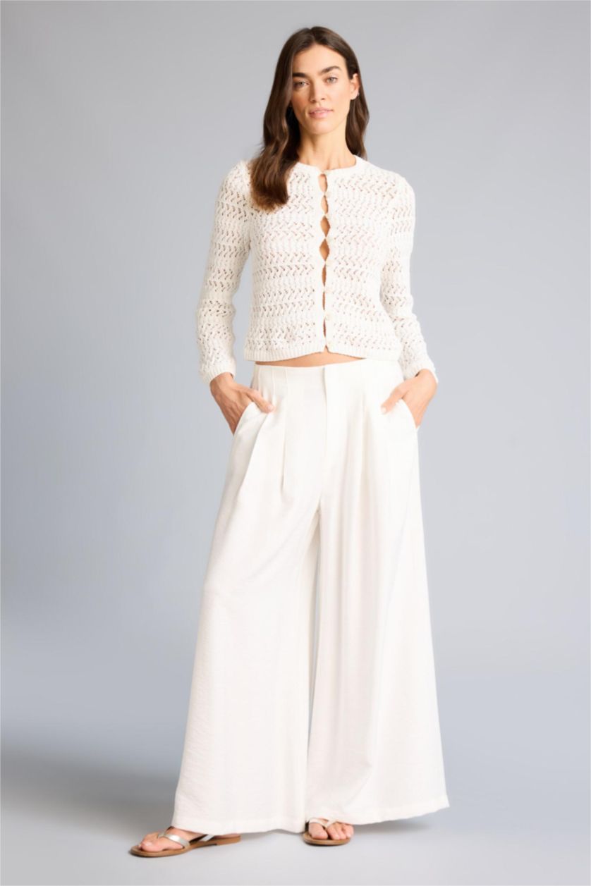 Woman Ecru Regular Fit Crew Neck Cardigan