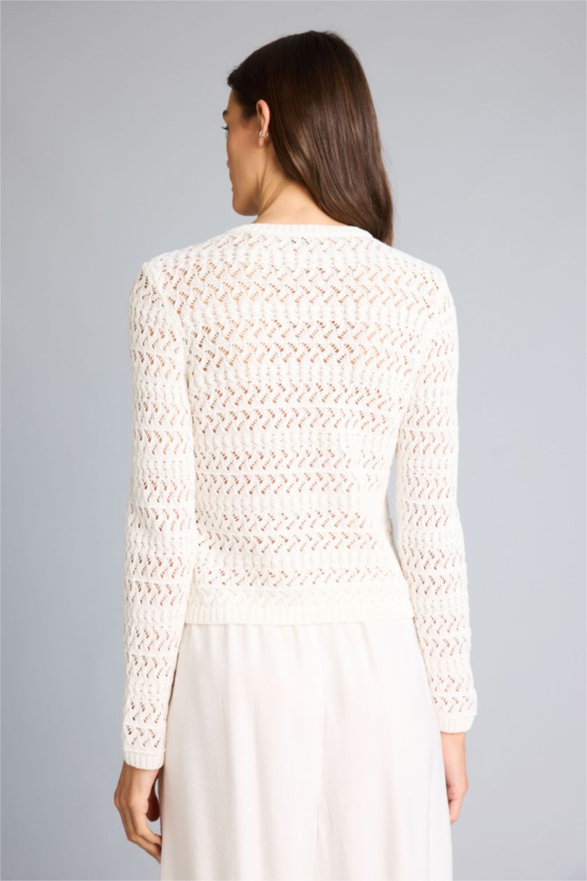 Woman Ecru Regular Fit Crew Neck Cardigan