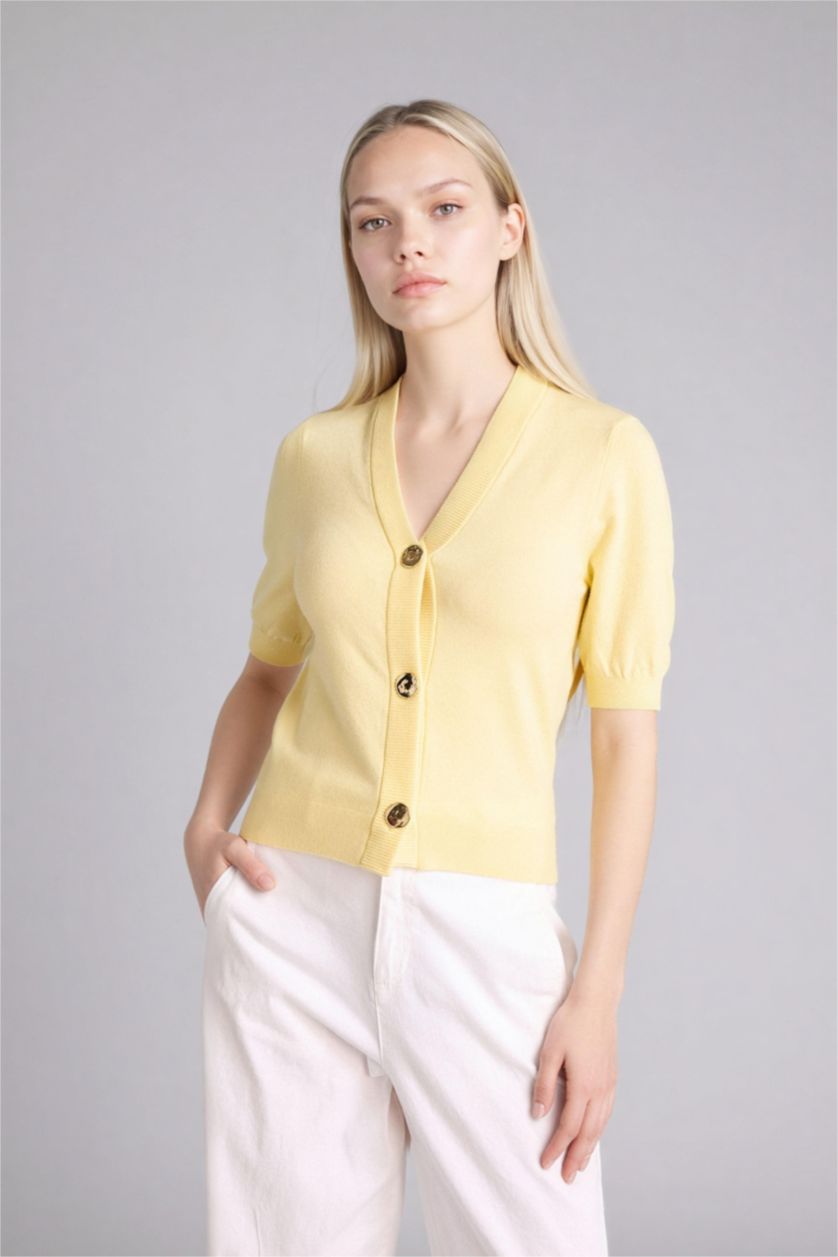 WOMAN Light Yellow Regular Fit V-Neck Cardigan