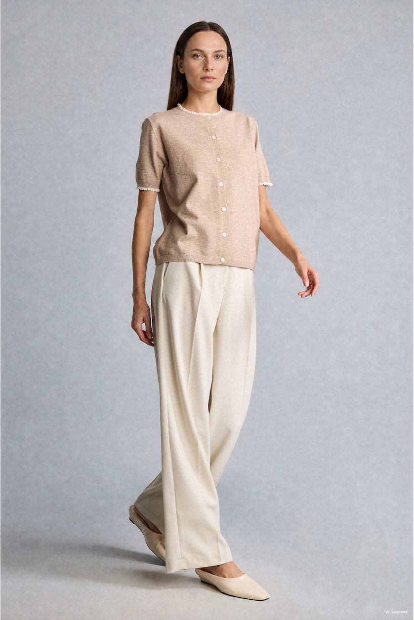 FEMME Beige Clair Gilet basique en maille texturée à col rond boutonné Coupe régulière
