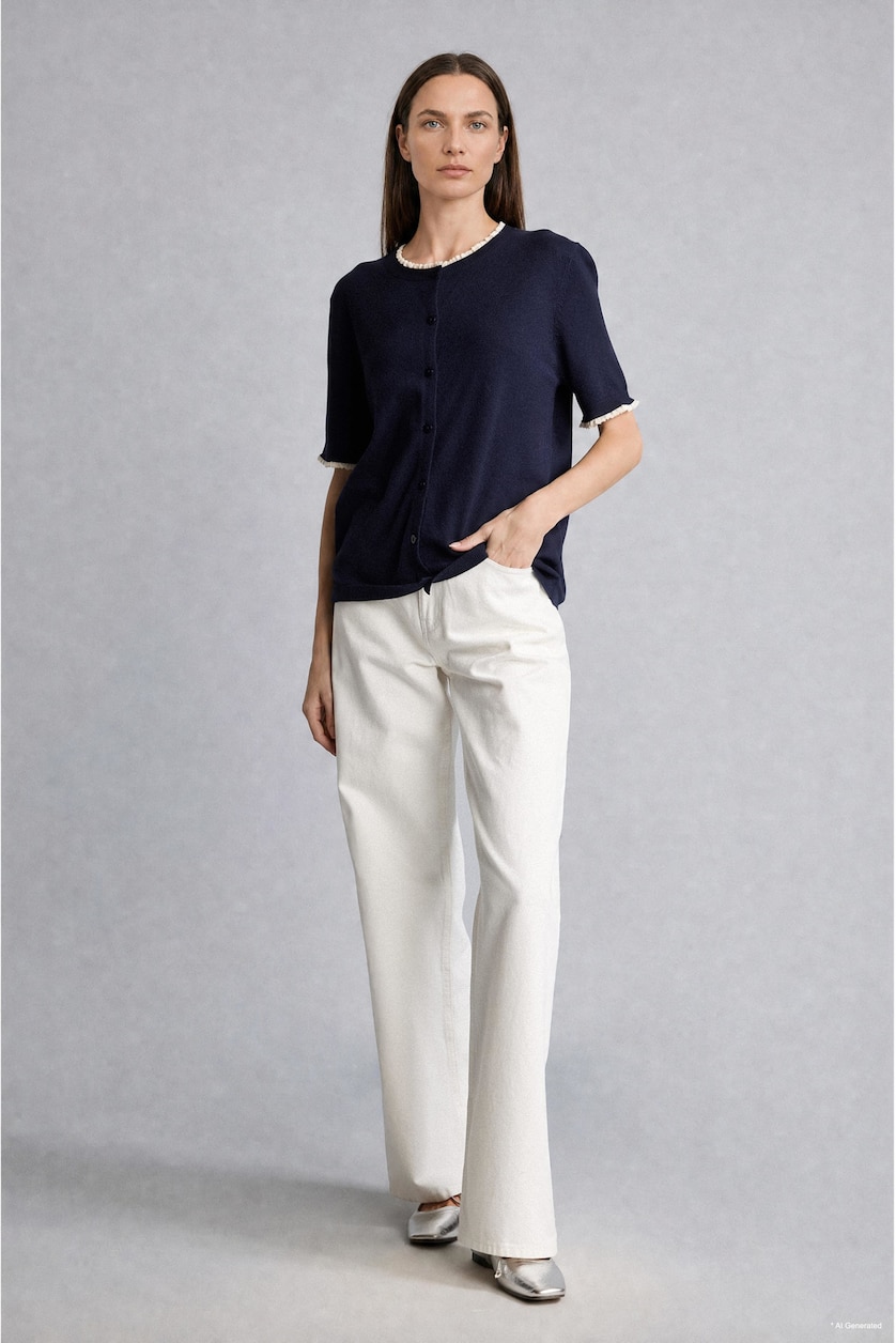 FEMME Marin Cardigan basic en tricot texturé boutonné à col rond Coupe régulière