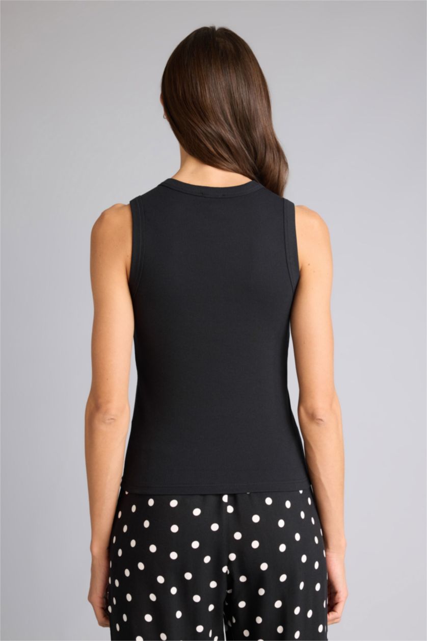 Женщины Черный Базовая однотонная майка кашкорсе Slim Fit в рубчик с круглым вырезом