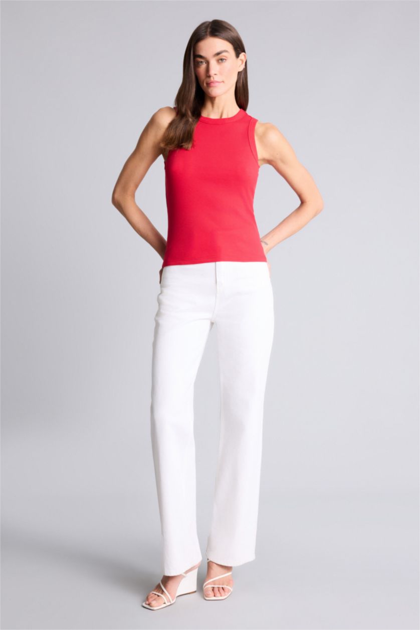 Женщины Красный Базовая однотонная майка кашкорсе Slim Fit в рубчик с круглым вырезом