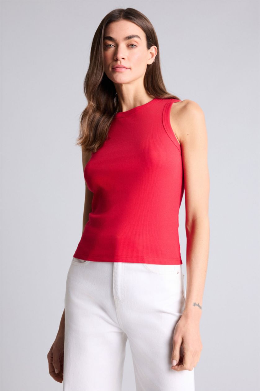 Женщины Красный Базовая однотонная майка кашкорсе Slim Fit в рубчик с круглым вырезом