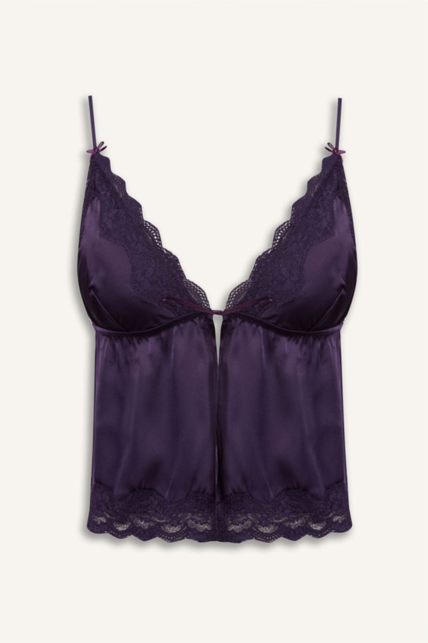 Kadın Mor Dantelli Saten Üst