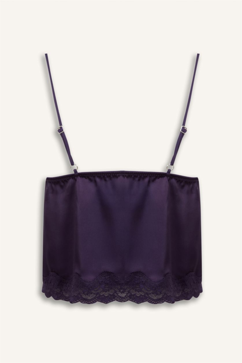 Kadın Mor Dantelli Saten Üst