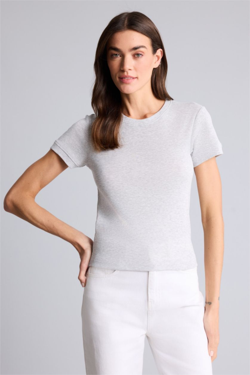 WOMAN Grey Melange تيشيرت نص كم سادة بيزك سليم فيت وياقة مستديرة