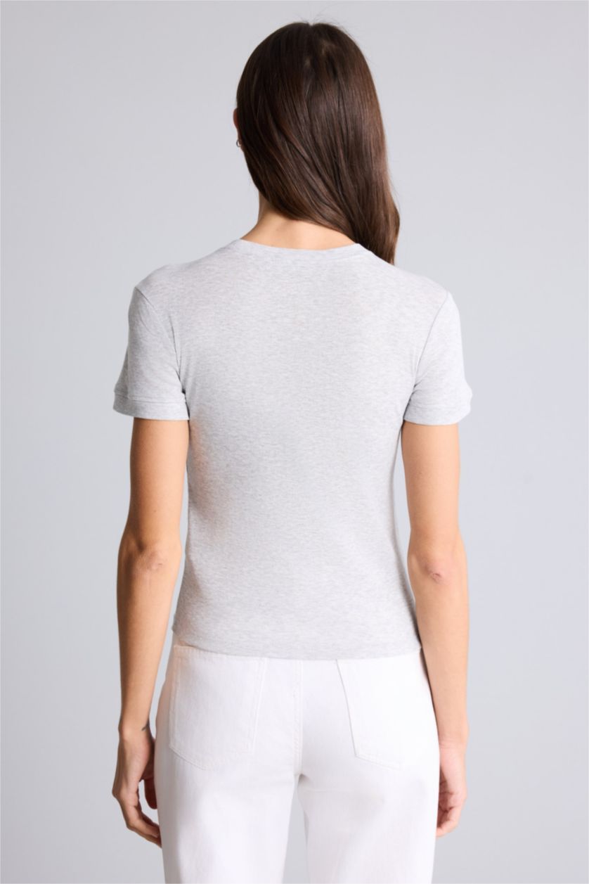 WOMAN Grey Melange تيشيرت نص كم سادة بيزك سليم فيت وياقة مستديرة