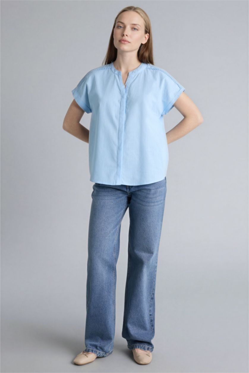 Kadın Açık Mavi Regular Fıt Bisiklet Yaka Flamlı Pamuk Kısa Kollu Gömlek
