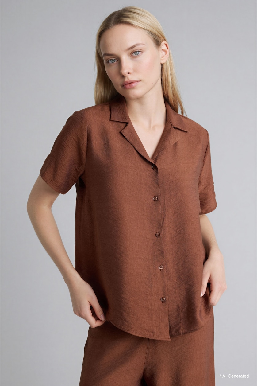 Women Light Brown Regular Fit Resort Neck Short Sleeve Shirt
