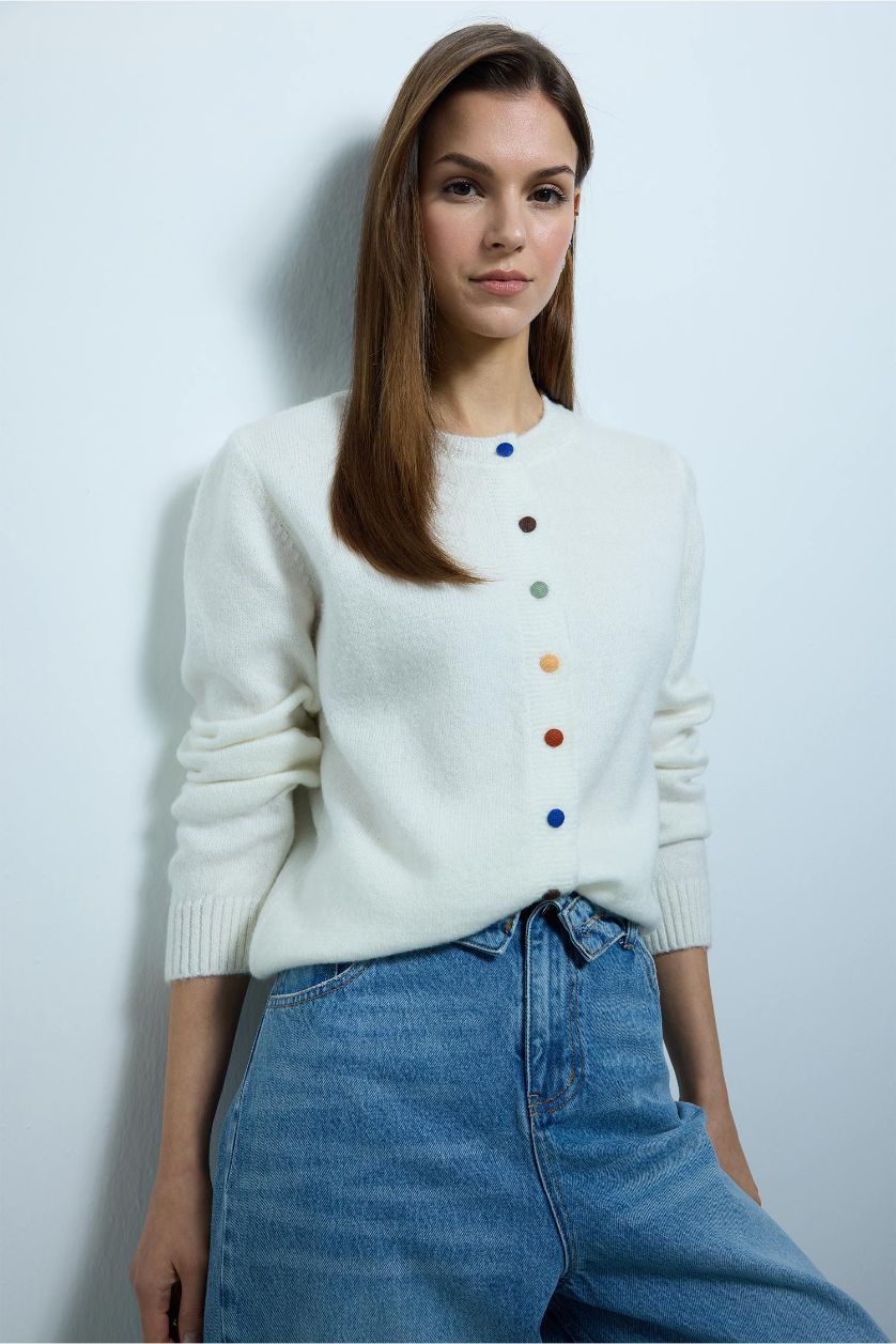 Kadın Ekru Slim Fit Dar Kesim Hırka