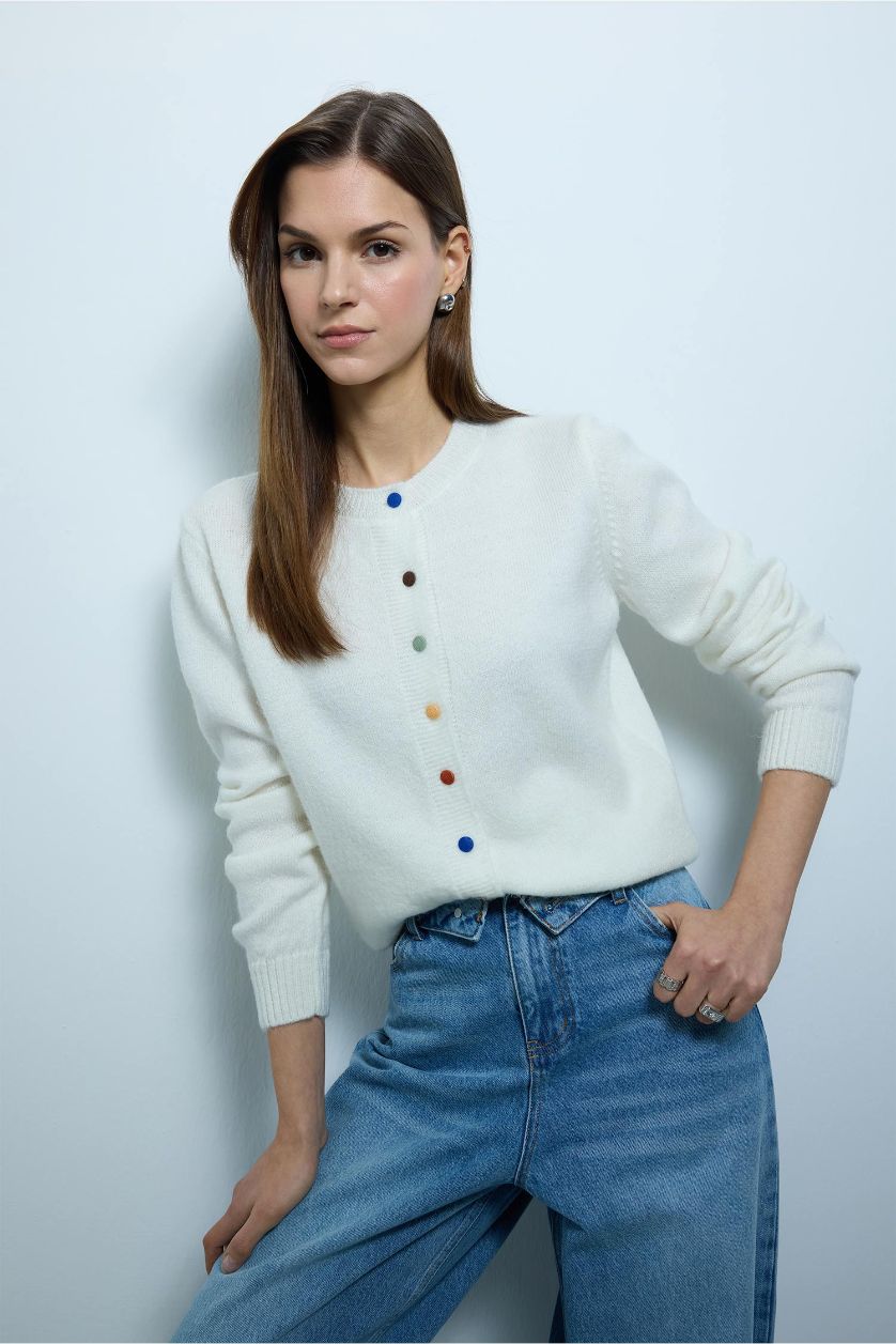 Kadın Ekru Slim Fit Dar Kesim Hırka