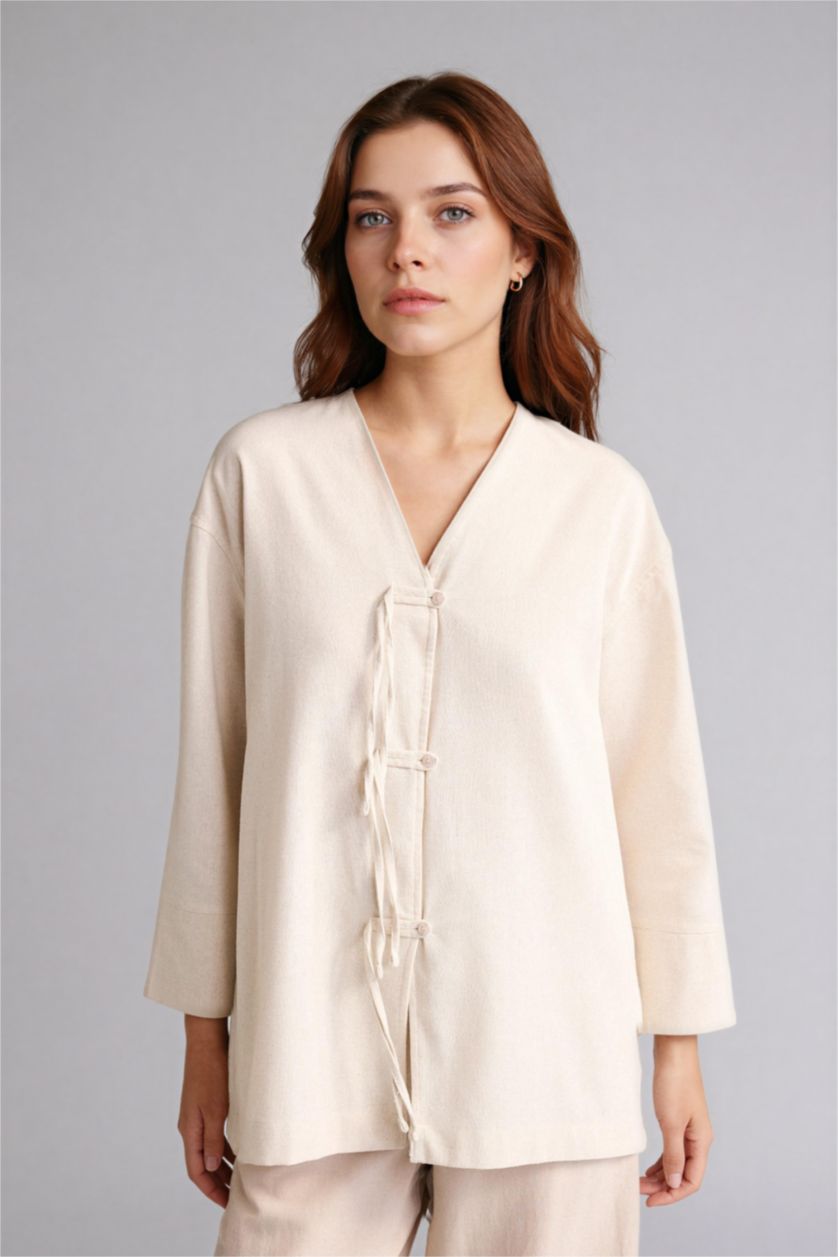 حريمي بيج فاتح كيمونو منسوج قصة عادية بياقة V