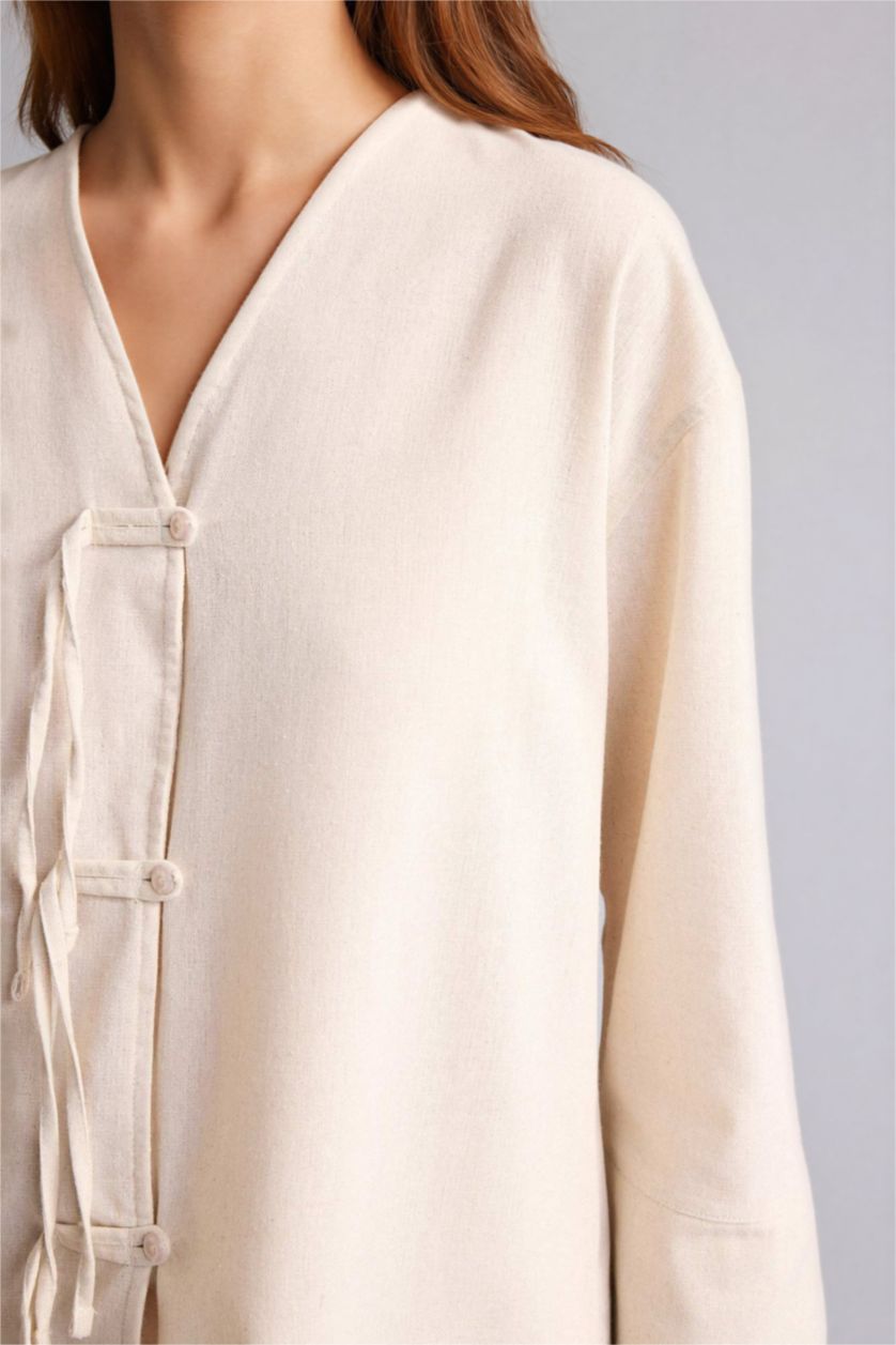 حريمي بيج فاتح كيمونو منسوج قصة عادية بياقة V