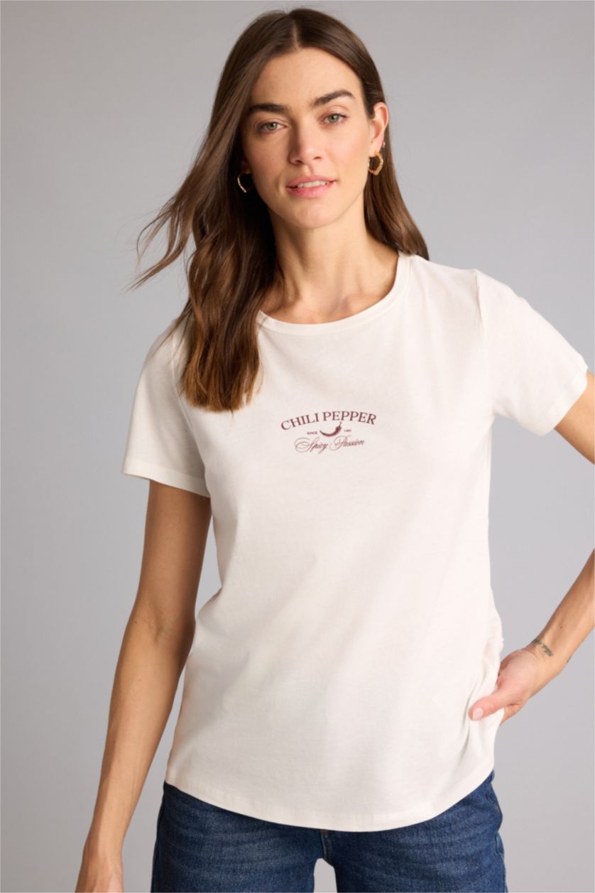 Kadın Ekru Regular Fıt Baskılı Penye Tişört