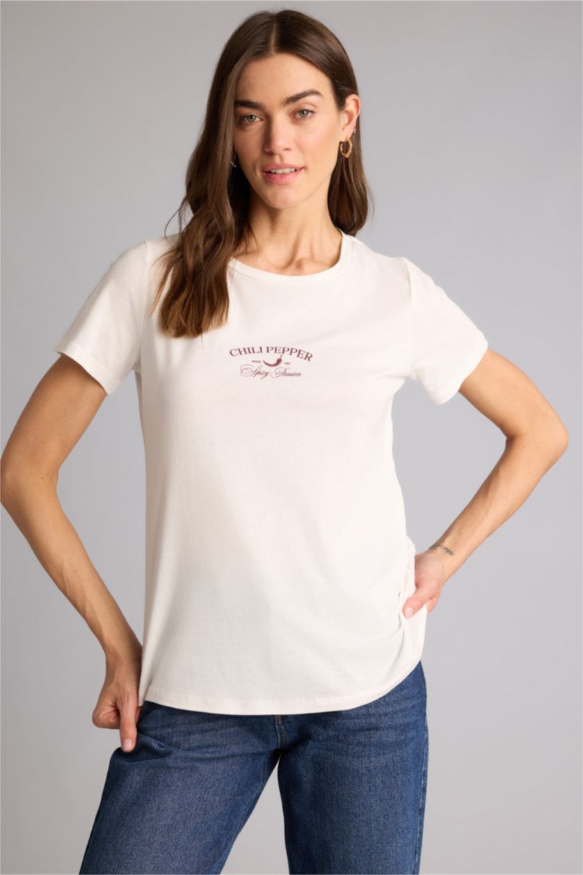 Kadın Ekru Regular Fıt Baskılı Penye Tişört