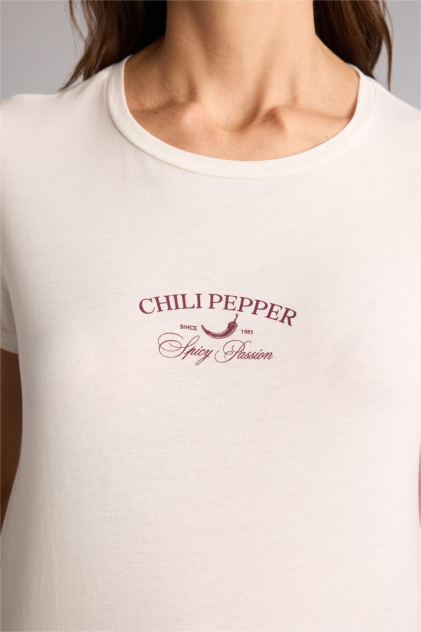 Kadın Ekru Regular Fıt Baskılı Penye Tişört