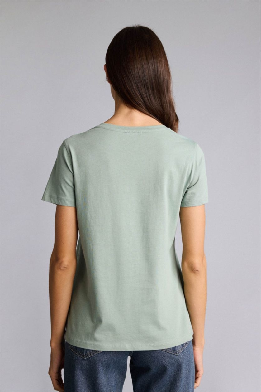 Kadın Açık Haki Regular Fıt Bisiklet Yaka Slogan Desenli Penye Kısa Kollu Tişört