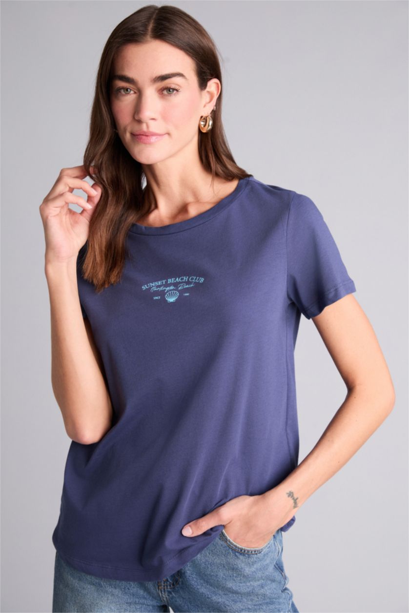 Kadın İndigo Baskılı Penye Kısa Kollu Tişört