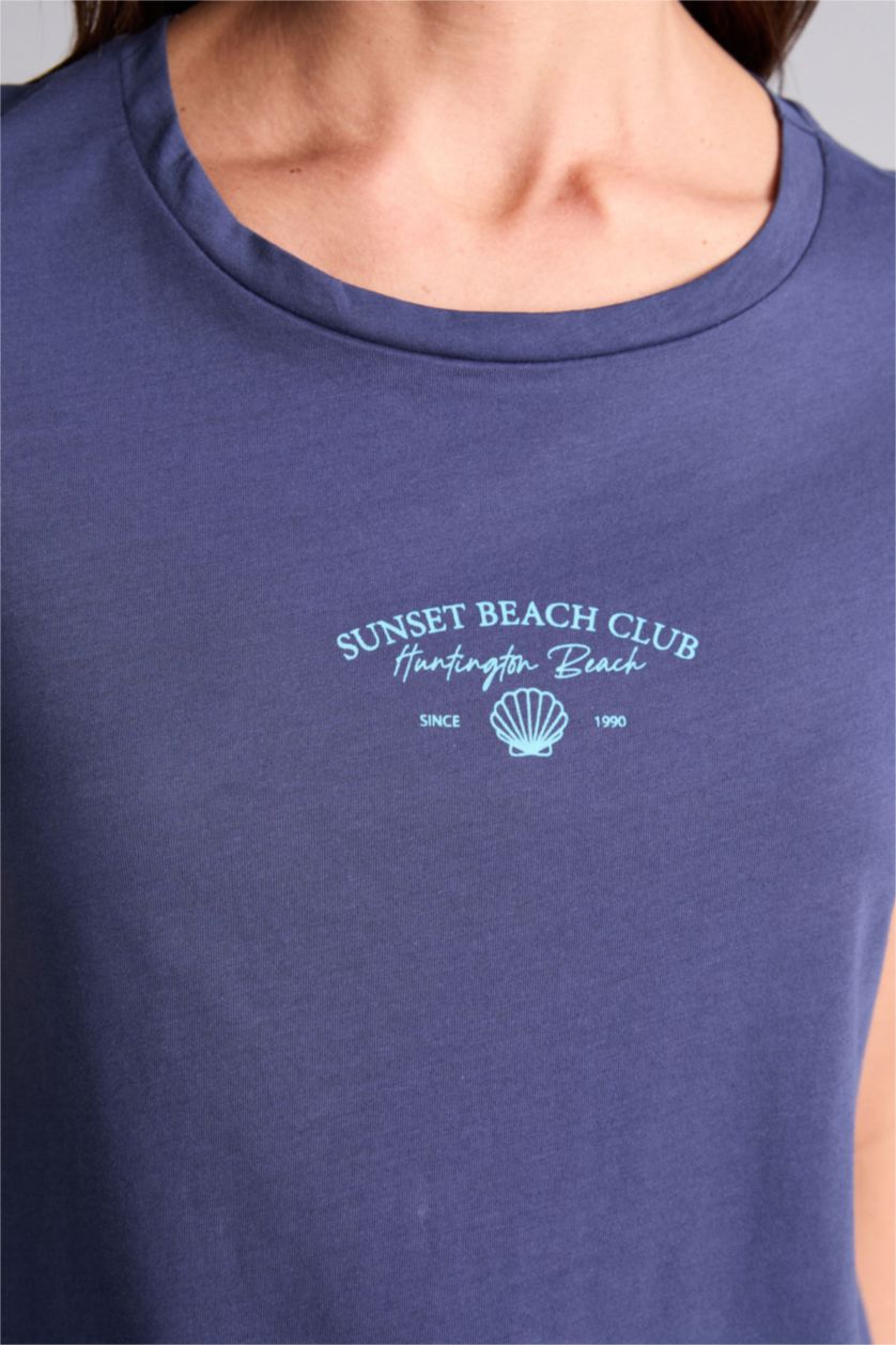 Kadın İndigo Baskılı Penye Kısa Kollu Tişört