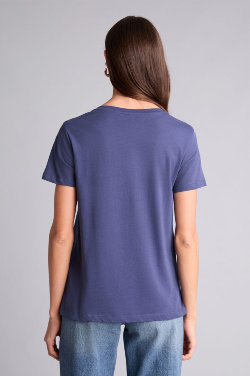 Kadın İndigo Baskılı Penye Kısa Kollu Tişört