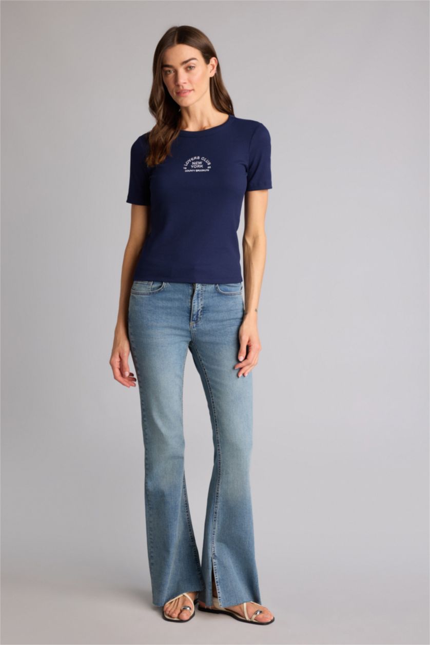 Kadın Lacivert Slım Fıt Nakışlı Fitilli Kaşkorse Tişört