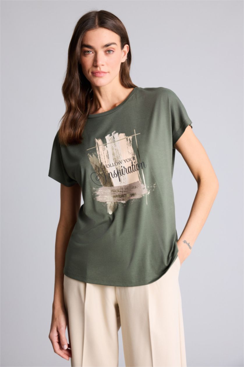 Woman Dark Khaki تيشيرت قصة مريحة