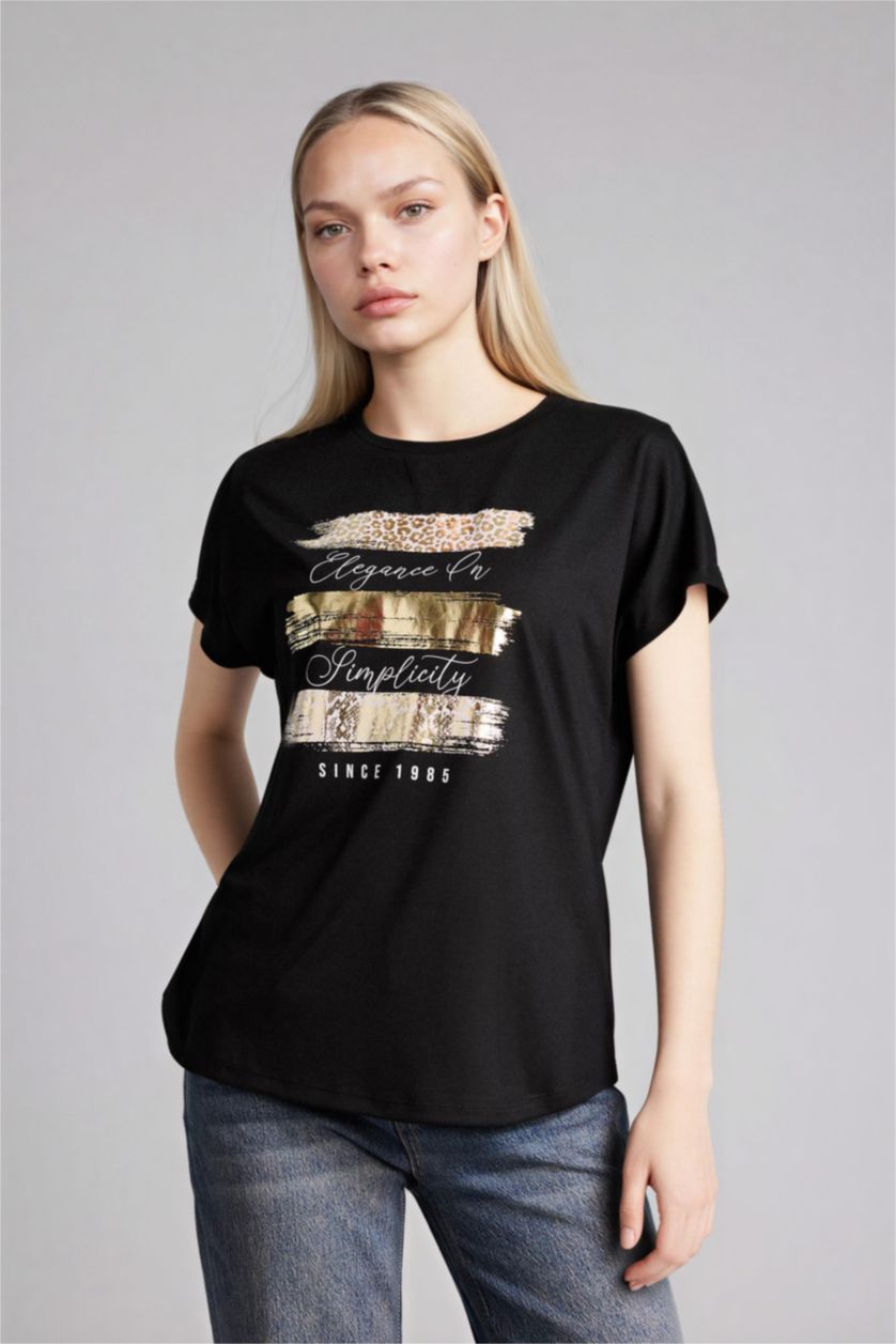 Женщины Черный Футболка Relax Fit с круглым вырезом принтом и коротким рукавом