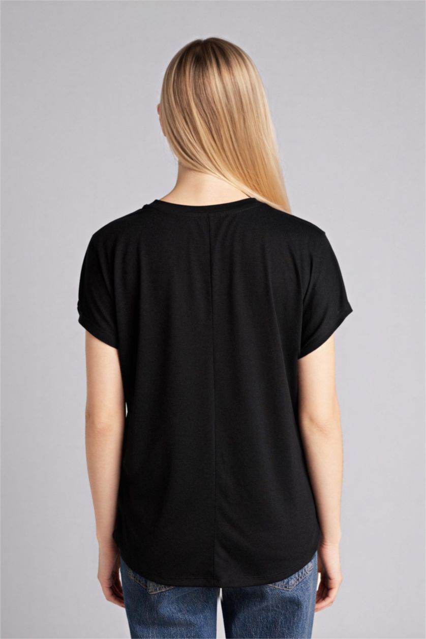 Женщины Черный Футболка Relax Fit с круглым вырезом принтом и коротким рукавом