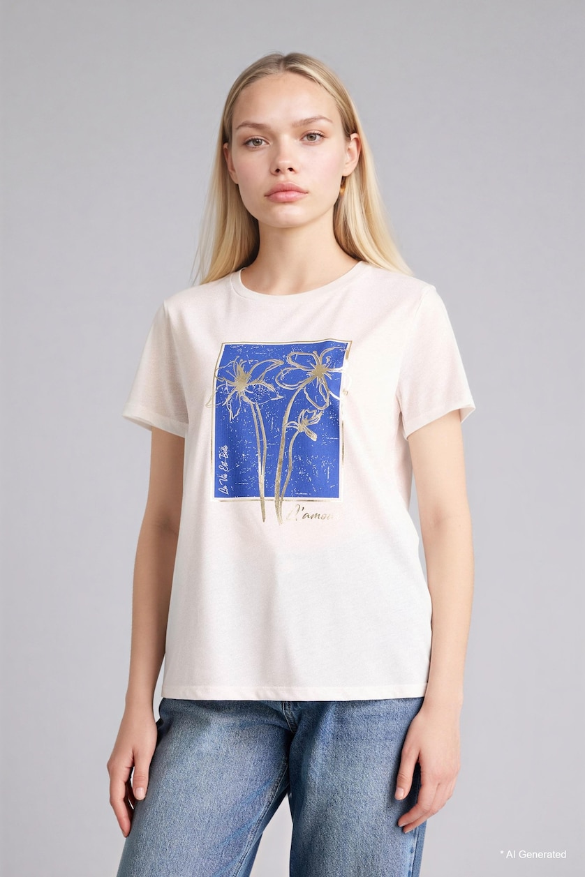 Women Ecru Regular Fit Crew Neck Flower Short Sleeve T-Shirt