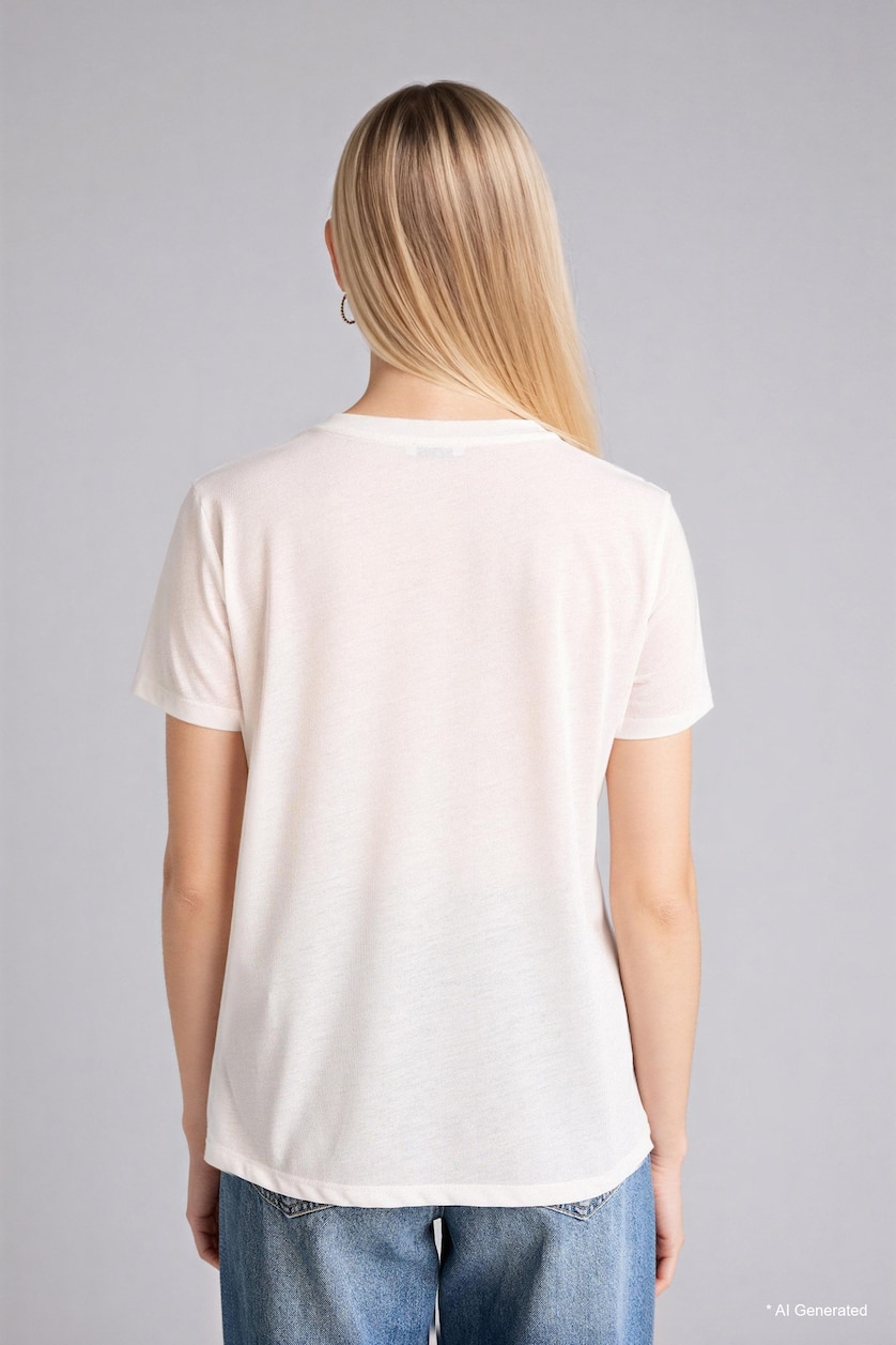 Women Ecru Regular Fit Crew Neck Flower Short Sleeve T-Shirt