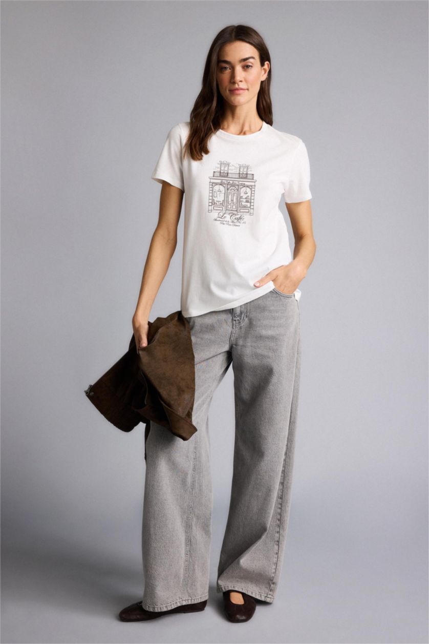 Kadın Ekru Regular Fıt Penye Kısa Kollu Tişört