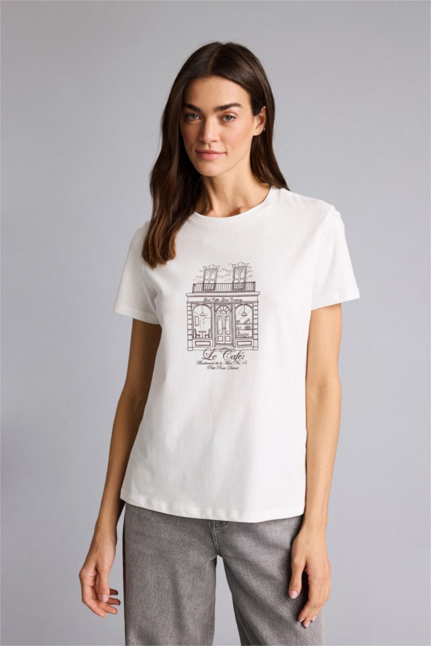 Kadın Ekru Regular Fıt Penye Kısa Kollu Tişört