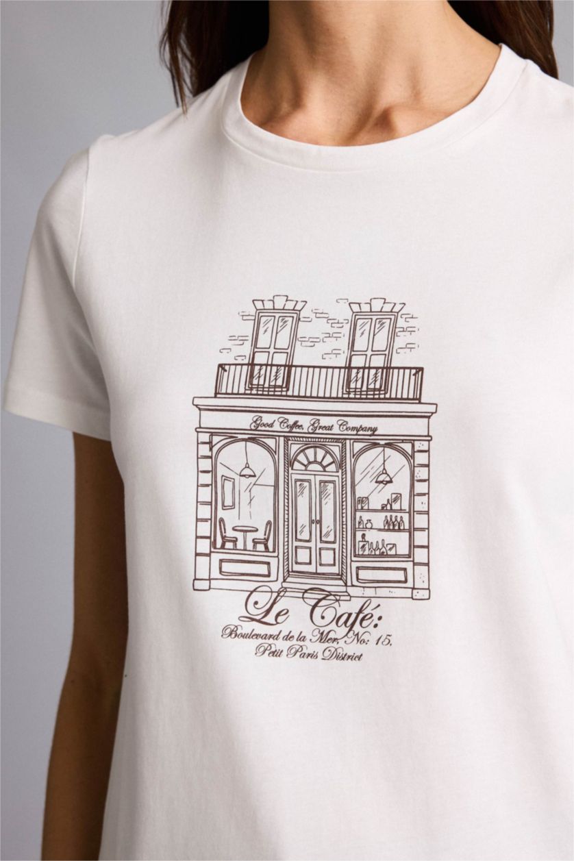 Kadın Ekru Regular Fıt Penye Kısa Kollu Tişört