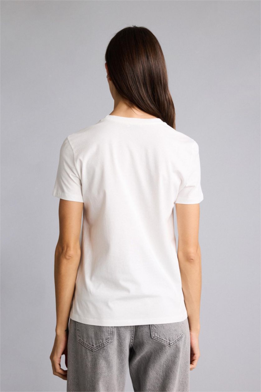Kadın Ekru Regular Fıt Penye Kısa Kollu Tişört