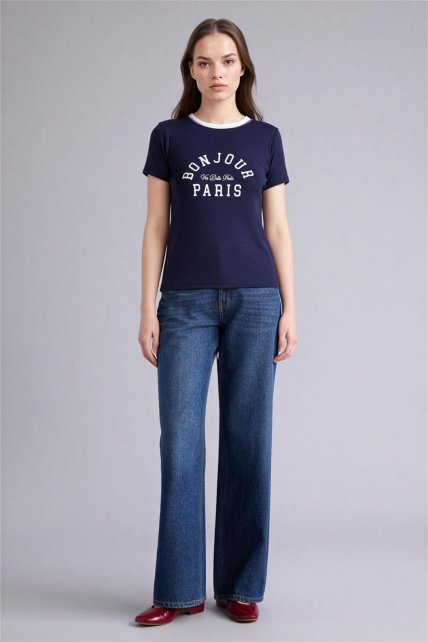 Woman NAVY تيشيرت نص ردن قصة عادية وياخة مستديرة