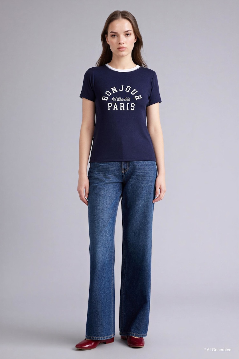 Women NAVY Regular Fit Ribana Short Sleeve T-Shirt